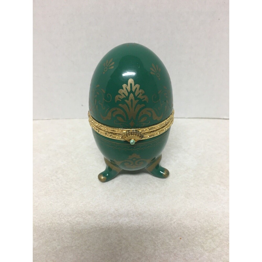 Vintage Green With Gold Accents Footed Egg Trinket Box